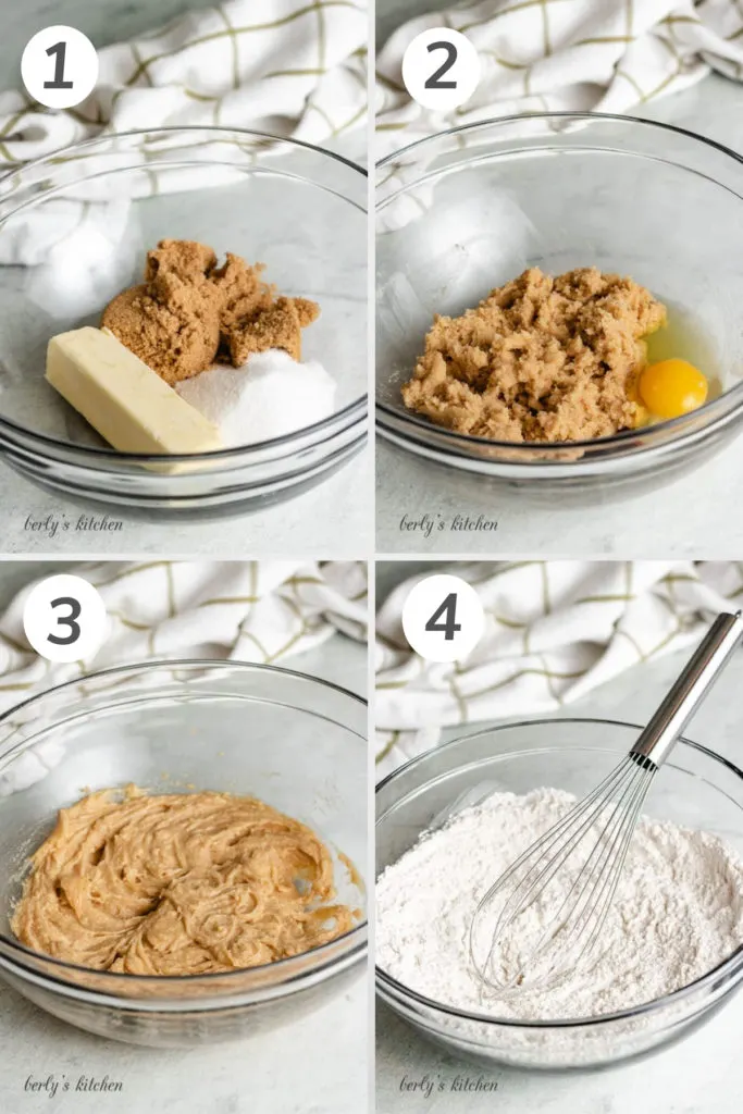 Collage viser, hvordan man laver chokolade chip cookie dej.