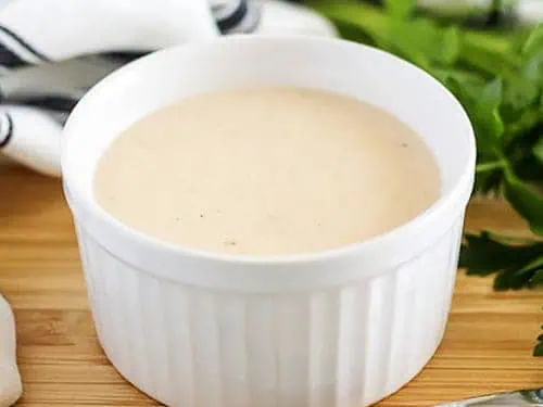 White ramekin filled with cream of chicken soup.