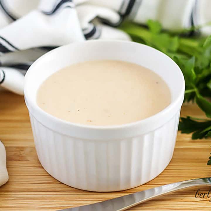 White ramekin filled with cream of chicken soup.