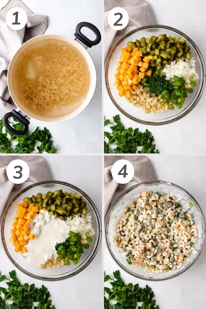 Collage style photo showing how to make dill pickle pasta salad.