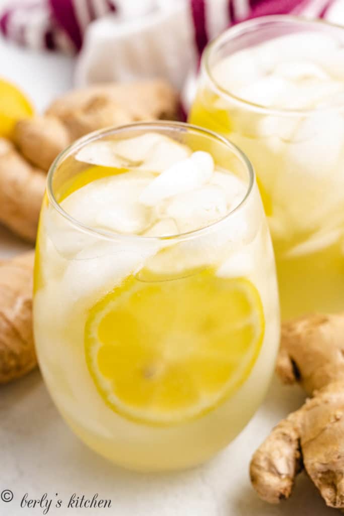 Close up view of lemon slices with ice.