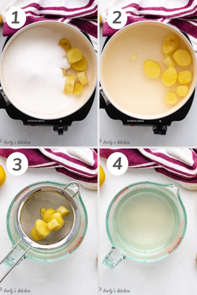 Collage style photo showing how to make ginger lemonade.