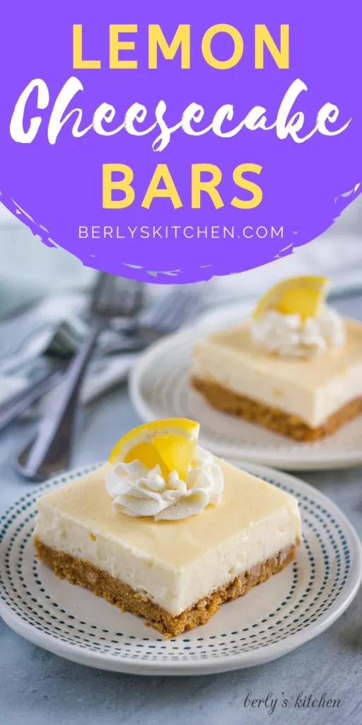 Slices of lemon cheesecake bars on plates.