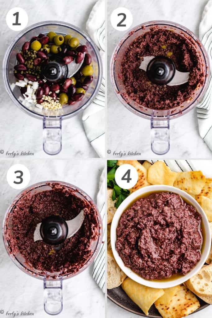 Collage style photo showing how to make olive tapenade.