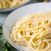 Noodles tossed with simple bechamel sauce in a dish.