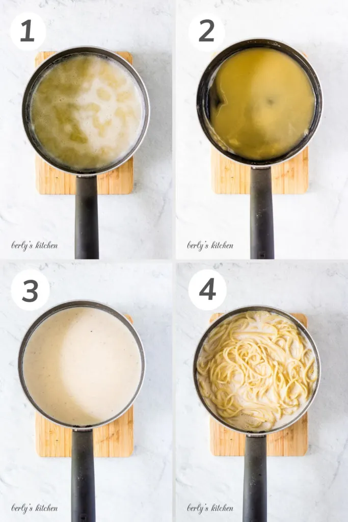 Collage style photo showing how to make simple cream bechamel sauce.