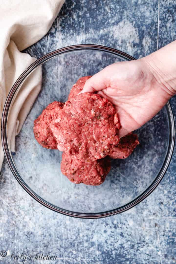 Top down view of half a burger patty.