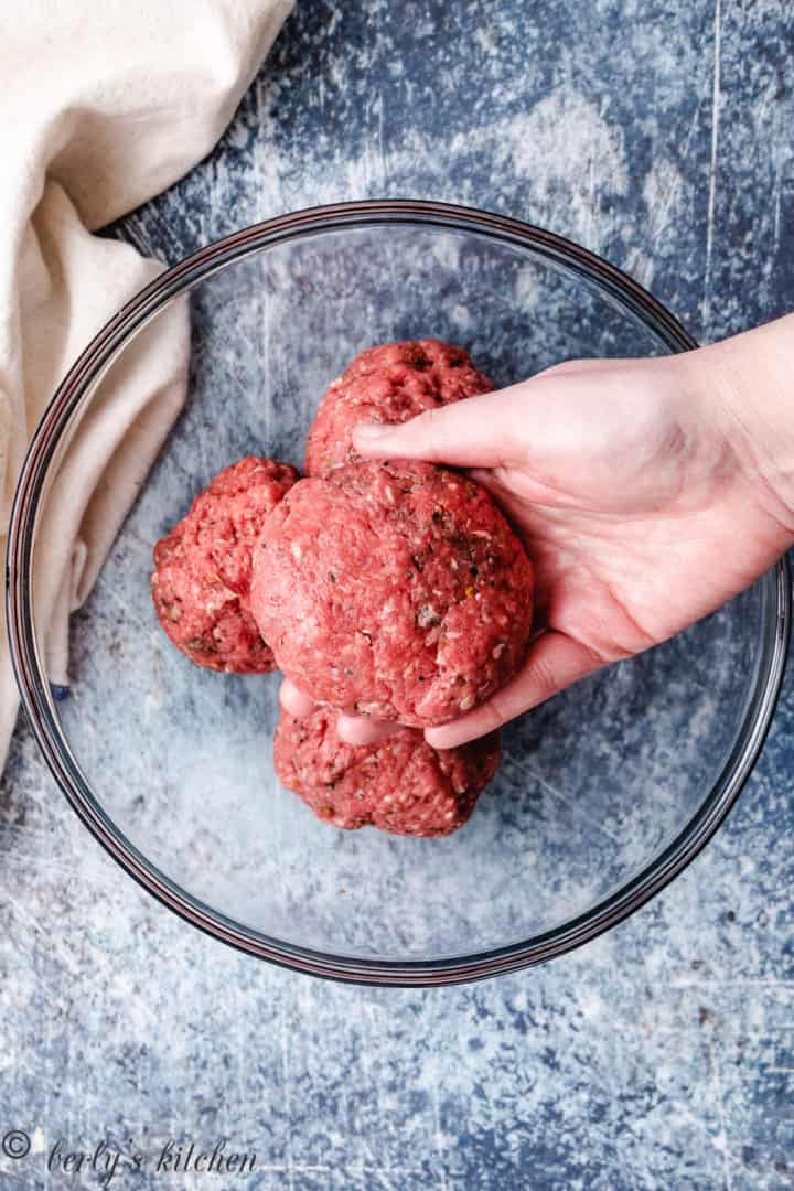 Top down photo of a stuffed burger patty.