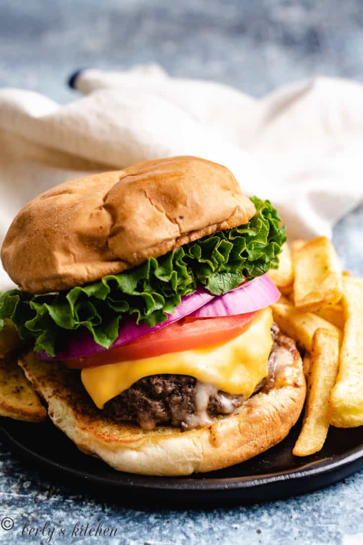 Stuffed burger with American cheese.
