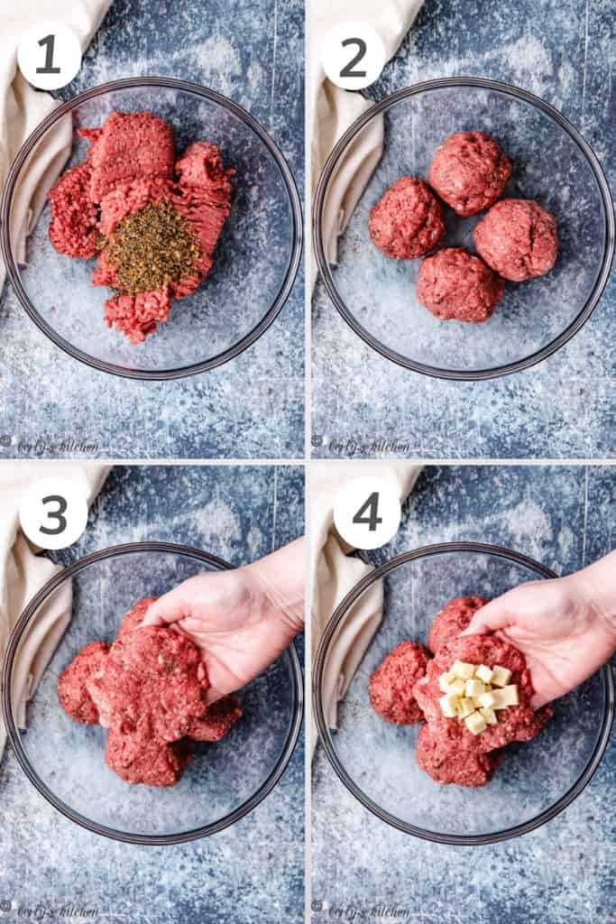 Collage style photo showing how to fill a stuffed burger.