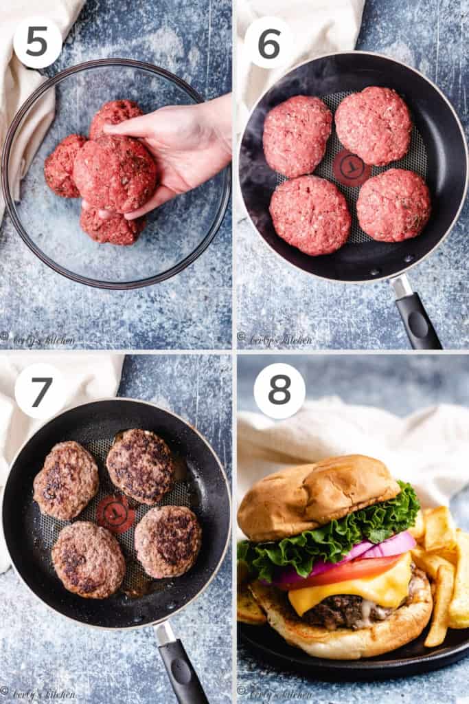 Collage style photo showing how to cook a stuffed burger.