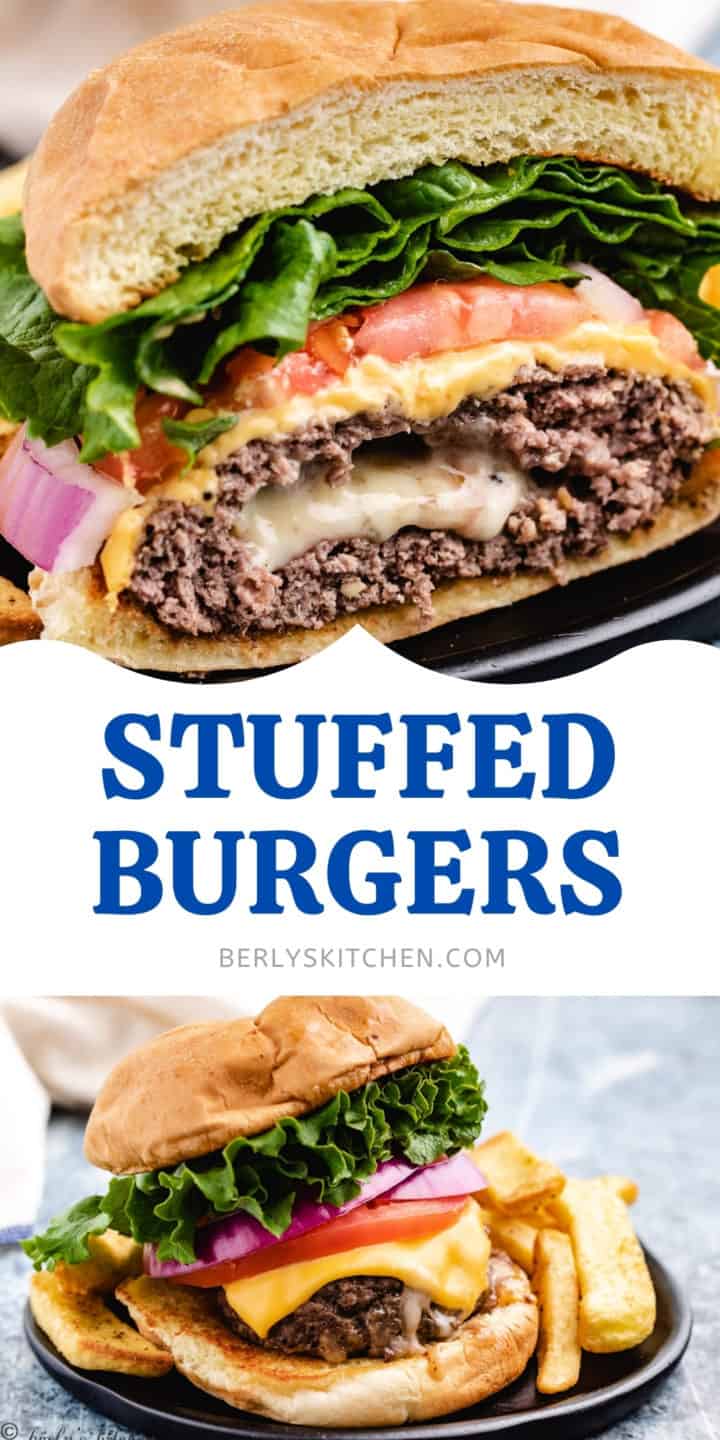 Collage of two photos of stuffed burgers with cheese.