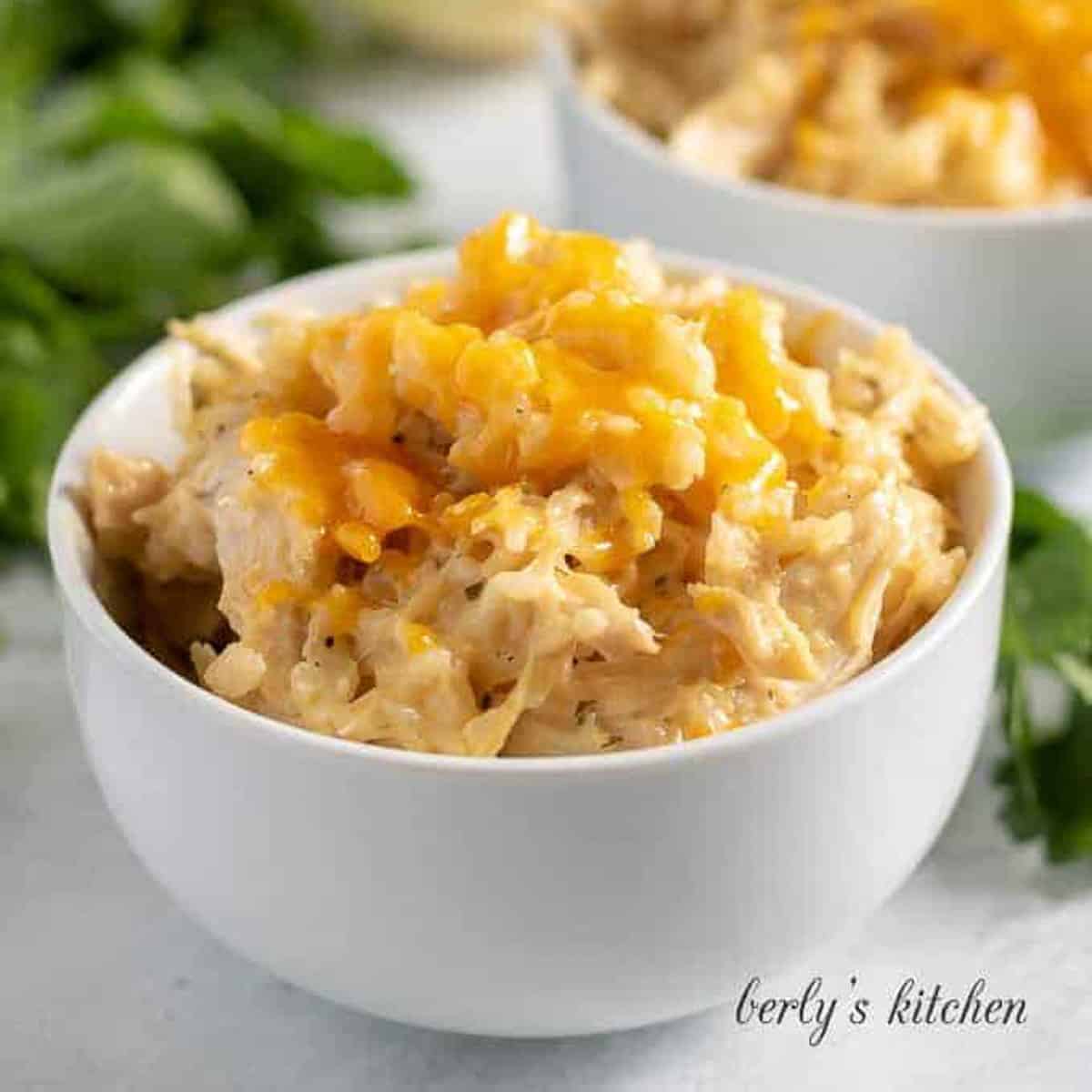 Instant Pot Ranch Chicken and Rice with cheese in a bowl.