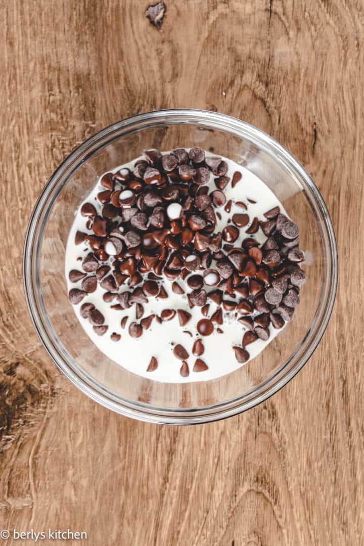 Ingredients for chocolate ganache in a bowl.