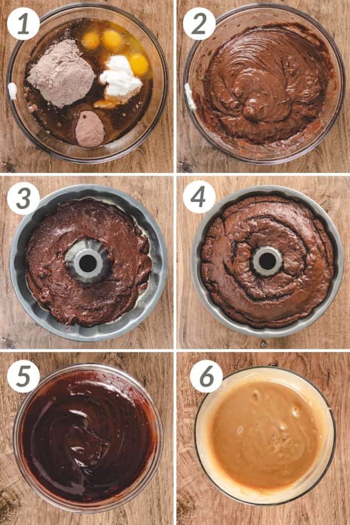 Collage showing how to make chocolate peanut butter bundt cake.