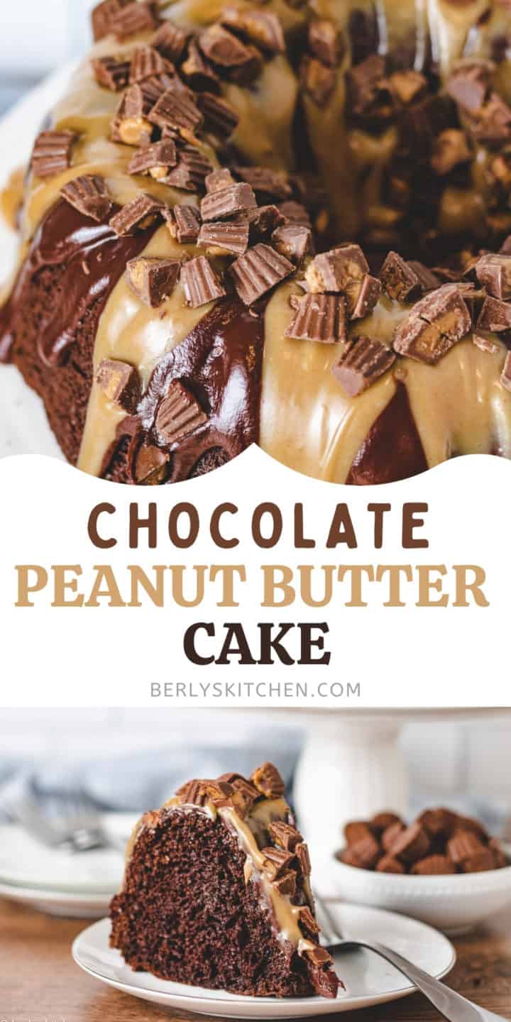 Chocolate cake covered with chocolate ganache and peanut butter sauce.