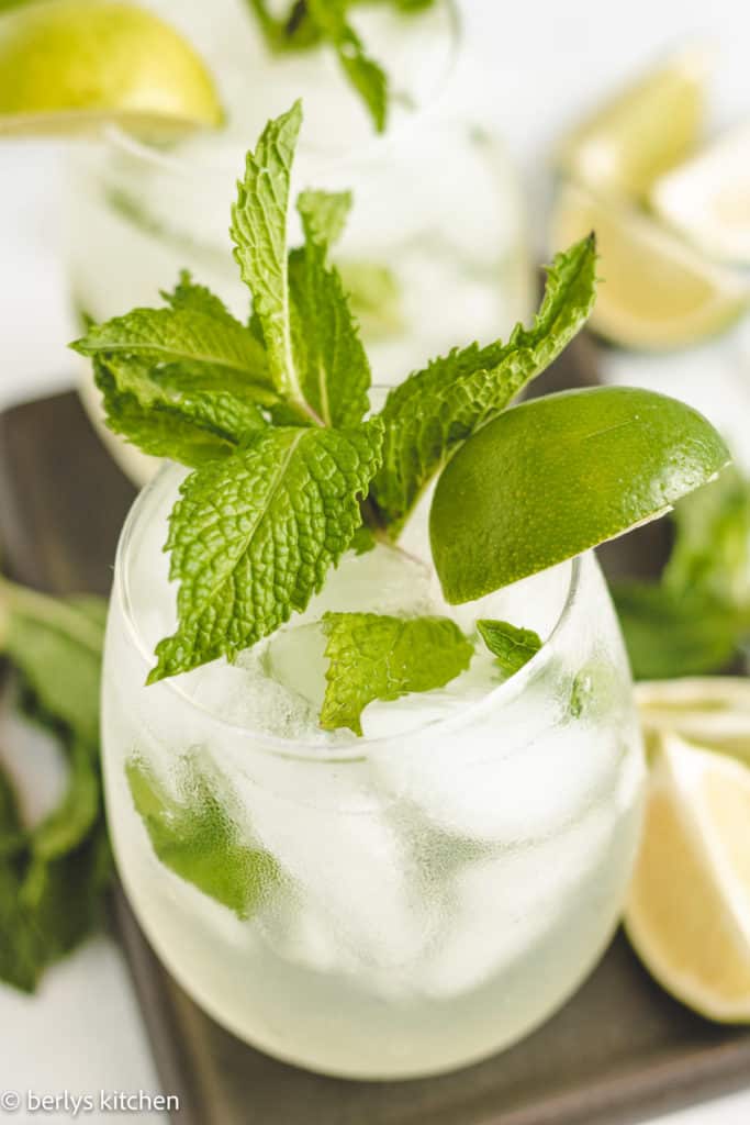 Close up of a coconut mojito with fresh mint.