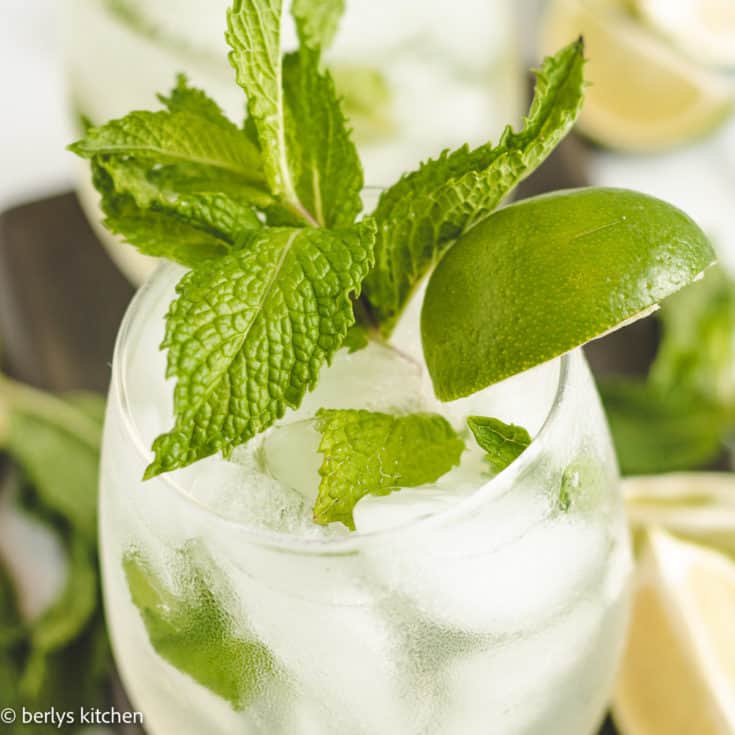 Close up of a mojito with fresh mint and lime.