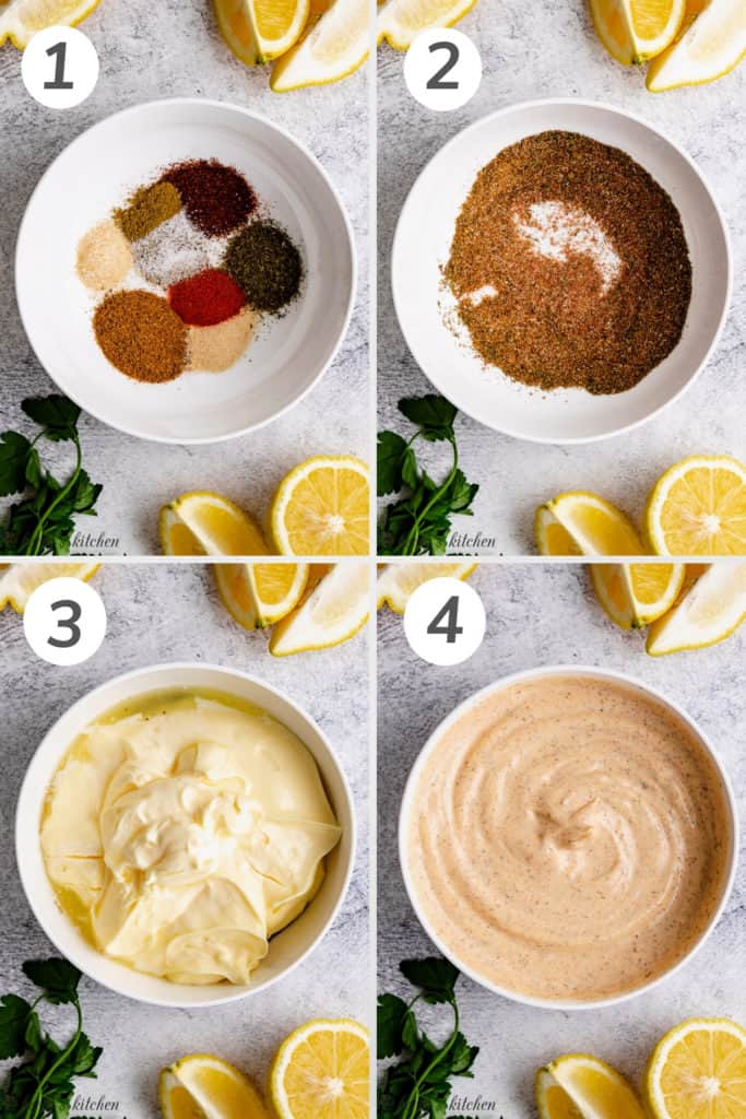 Collage showing how to make fish taco sauce.