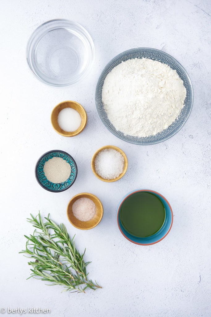 Top down view of ingredients for focaccia bread.