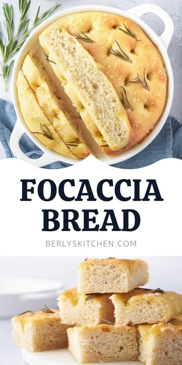 Collage showing two photos of focaccia bread.