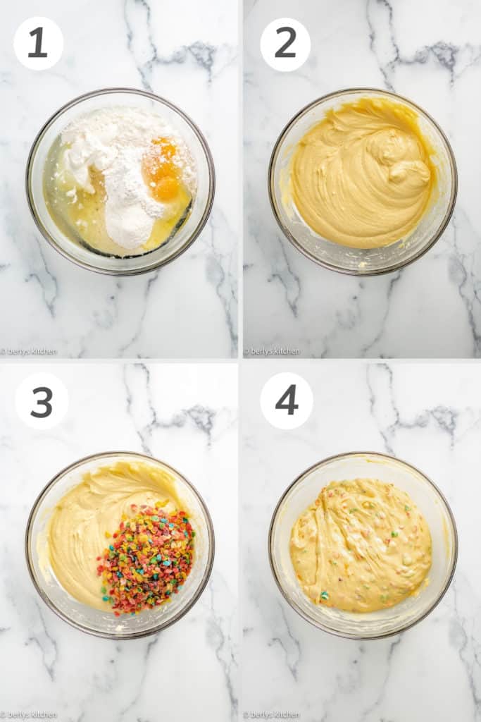 Collage showing how to make Fruity Pebbles Collage.