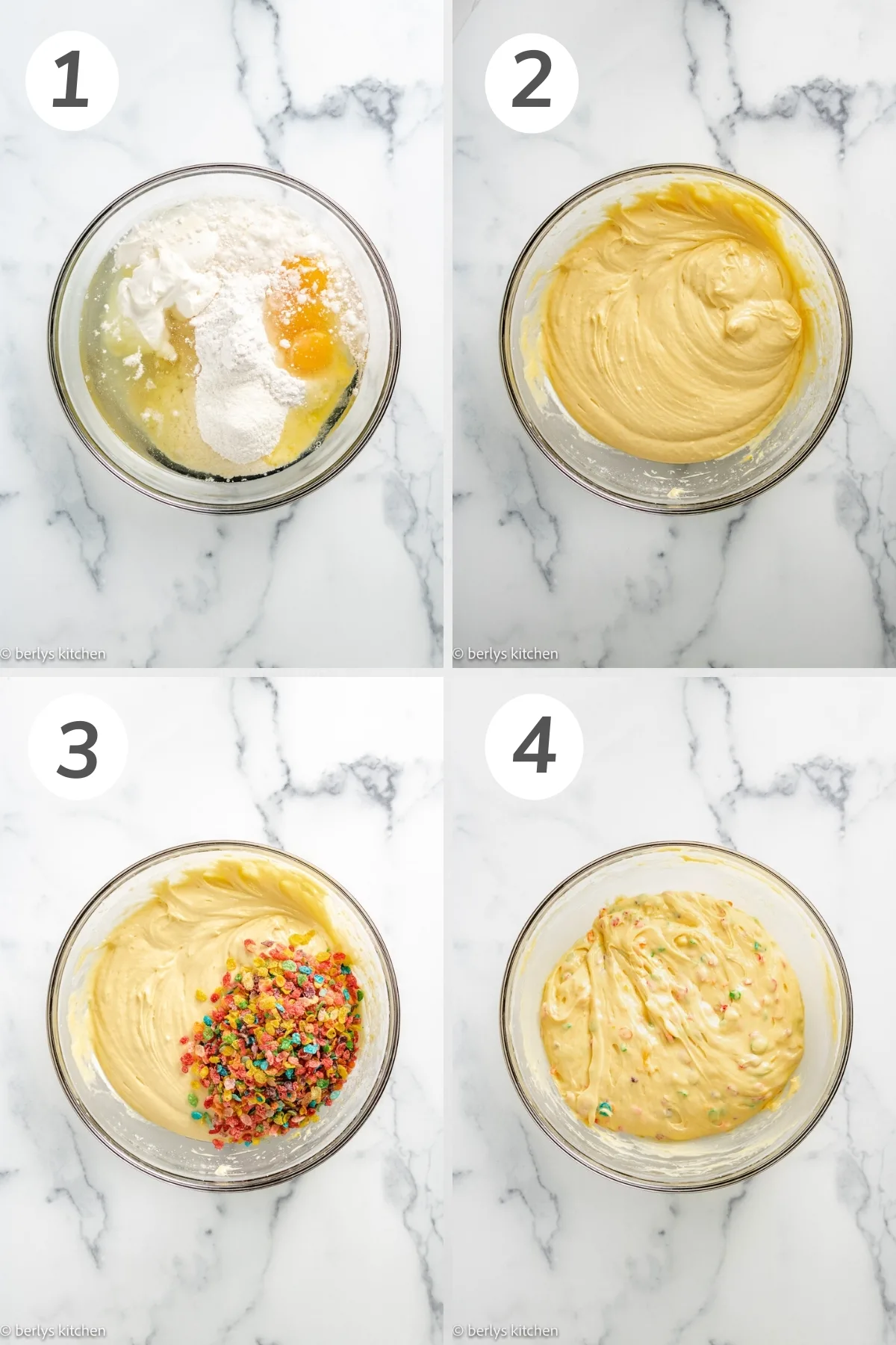 Collage showing how to make Fruity Pebbles Collage.