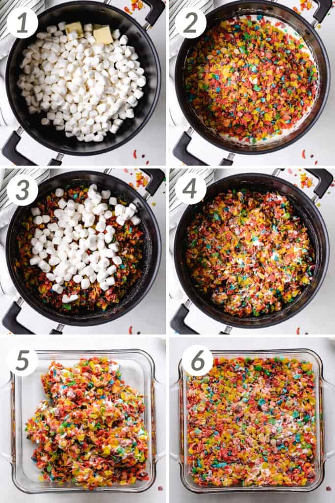 Collage showing how to make fruity pebbles treats.
