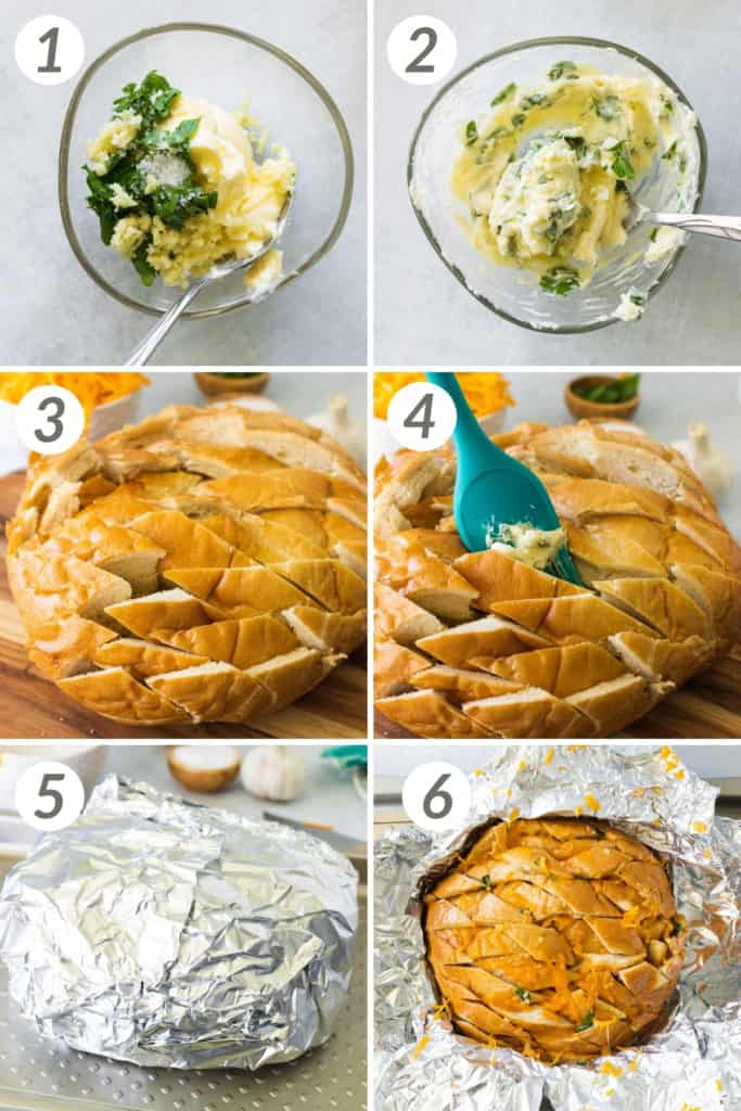 Collage showing how to make garlic pull-apart bread.