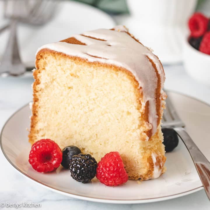 Lemon Pound Cake Slice of lemon pound cake with fresh berries.