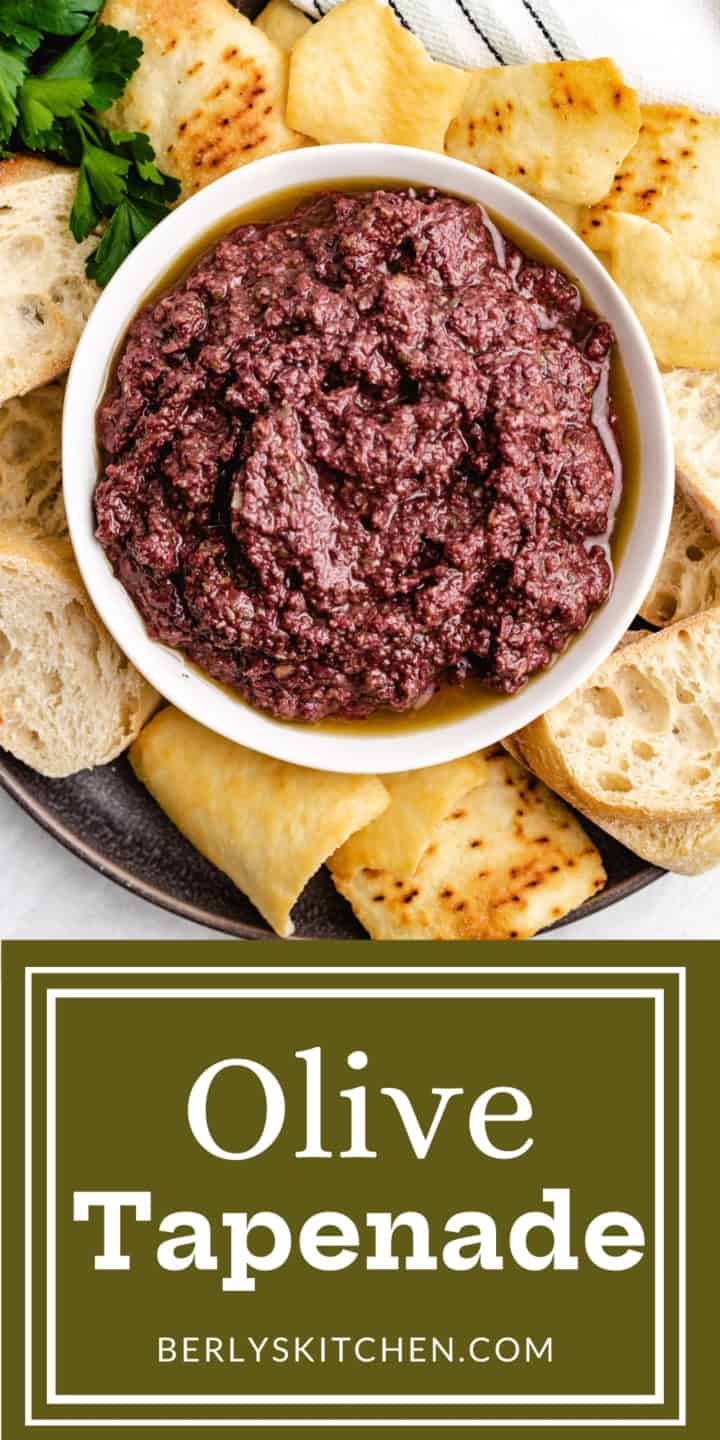 Top down view of olive tapenade in a bowl.