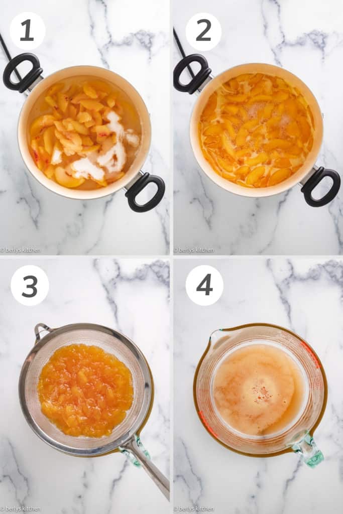 Collage showing how to make peach syrup.