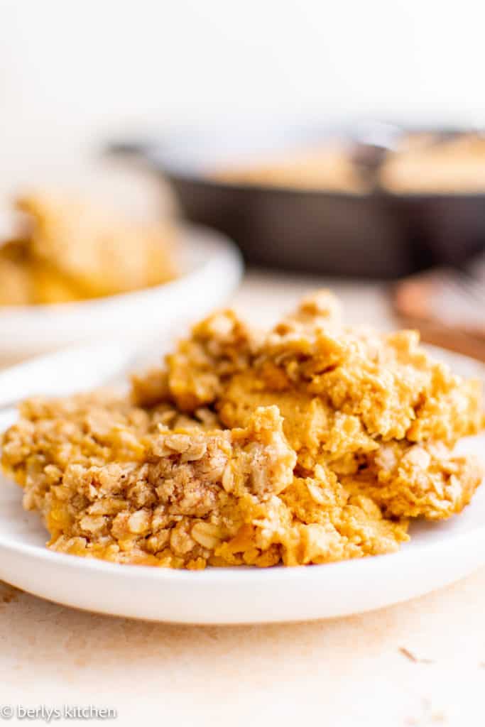 Pumpkin crisp on a white plate.