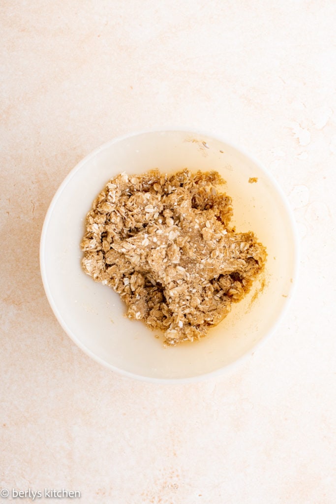 Top down view of crisp topping in a bowl.