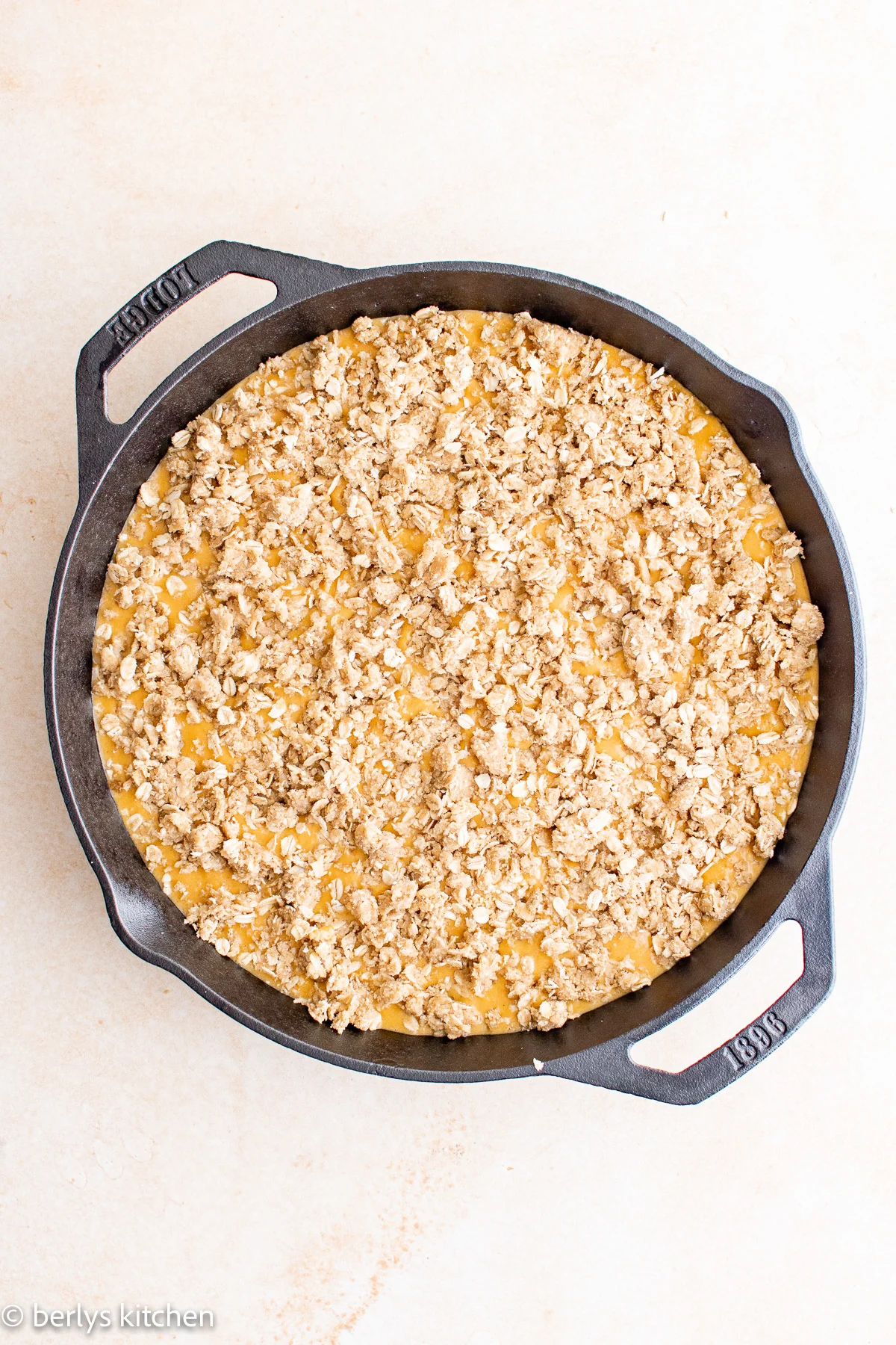 Top down view assembled pumpkin crisp.