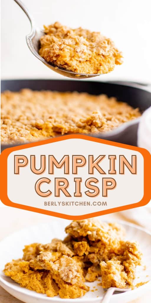 Collage showing two photos of pumpkin pie crisp.