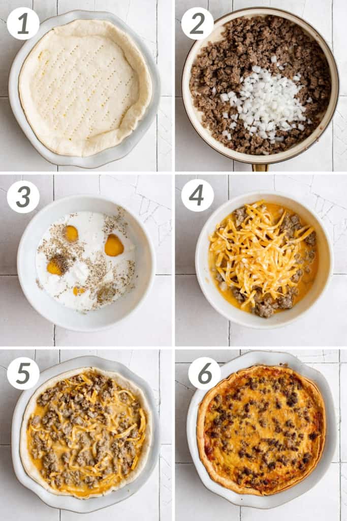 Collage showing how to make sausage quiche.