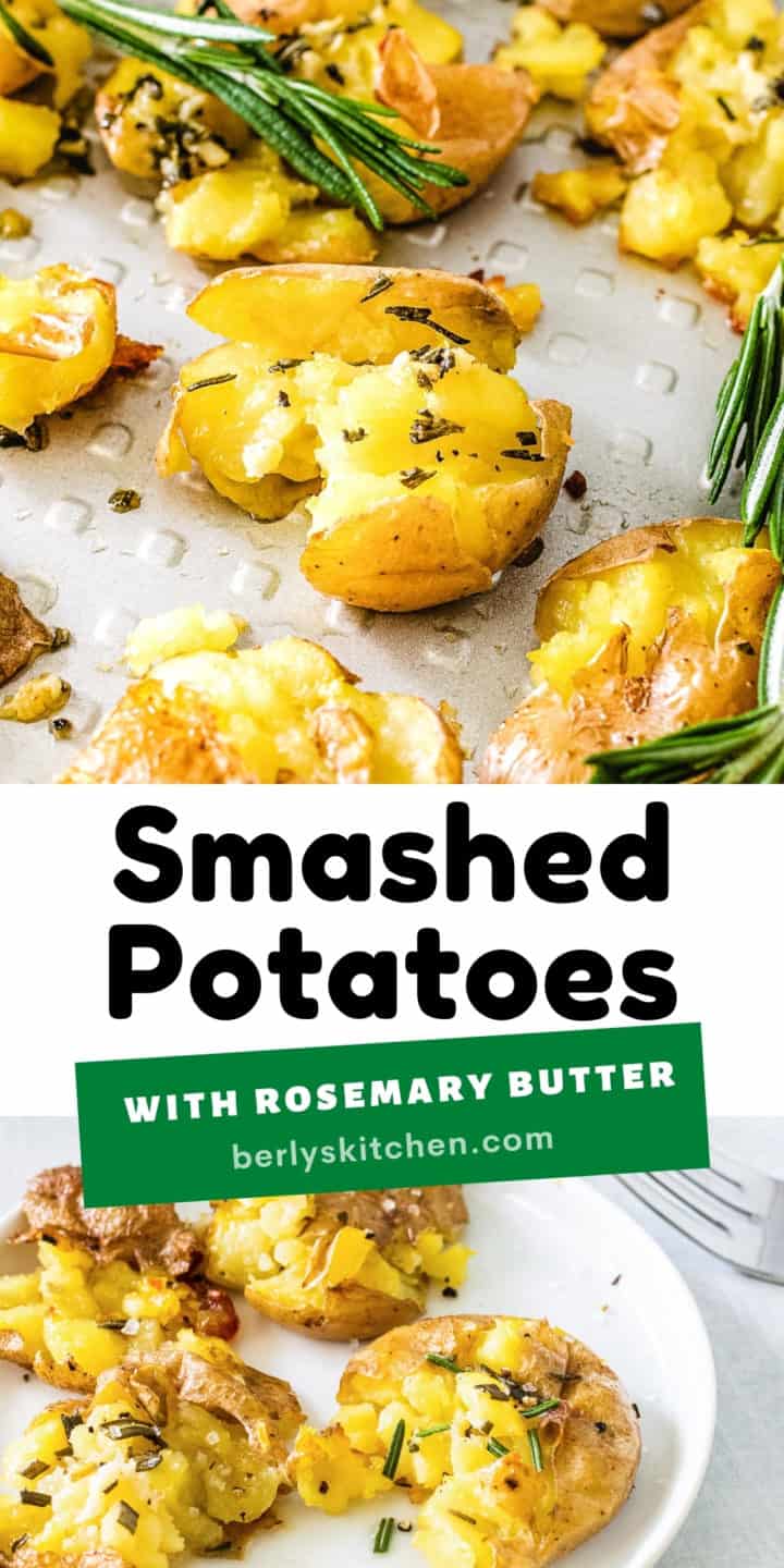 Collage with two photos of smashed potatoes with rosemary butter.