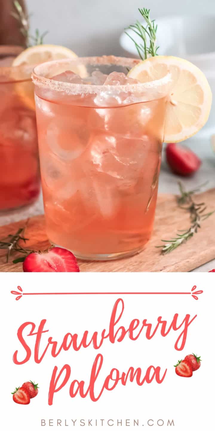 Close up of strawberry paloma on a cutting board.