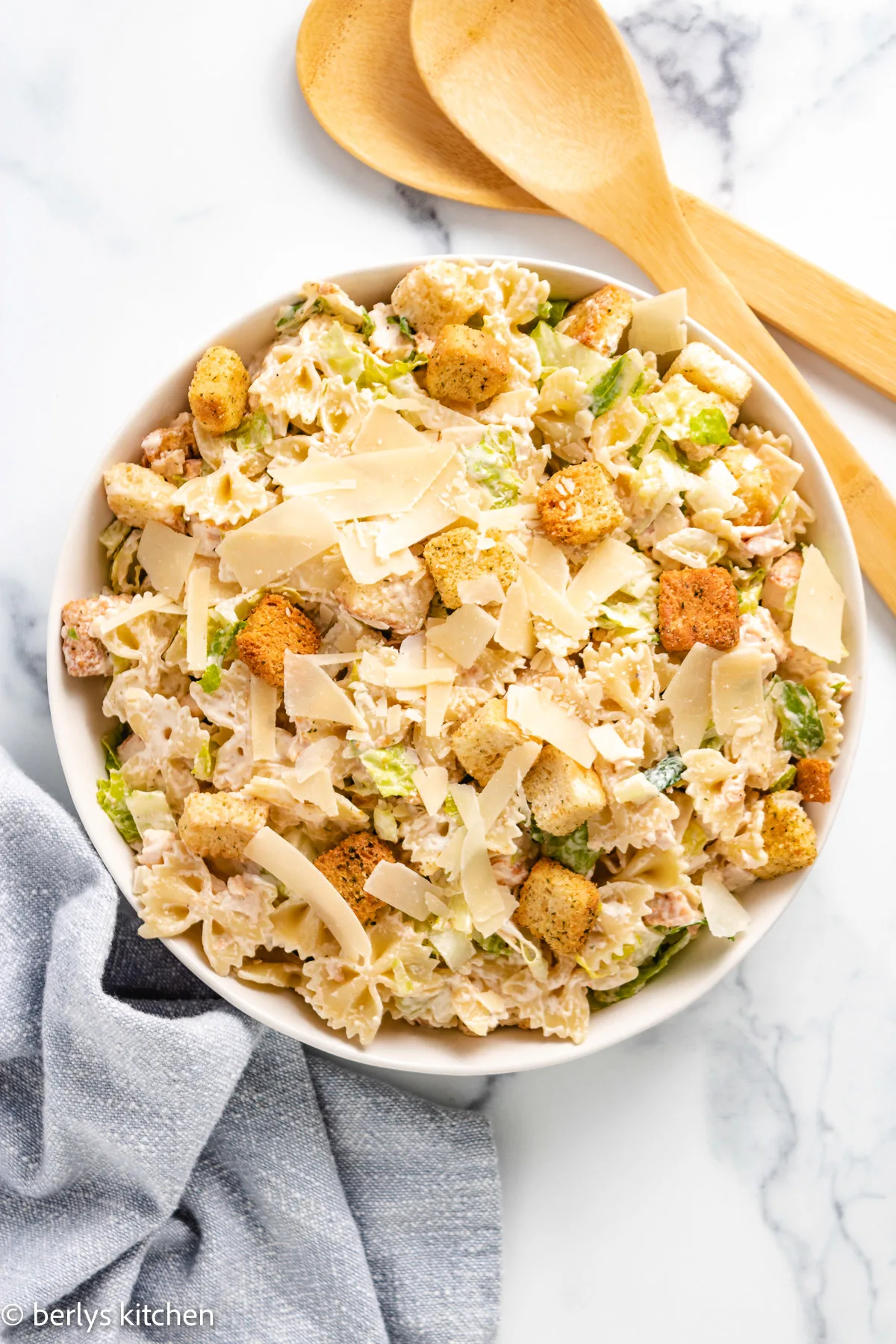 Top down view of Chicken Caesar Pasta Salad.