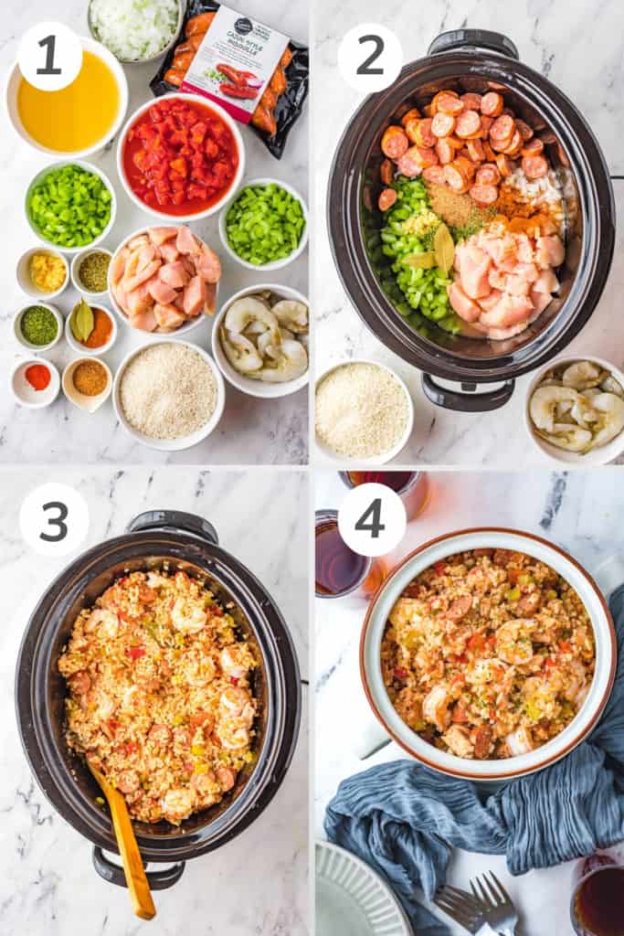 Collage showing how to make slow cooker jambalaya.