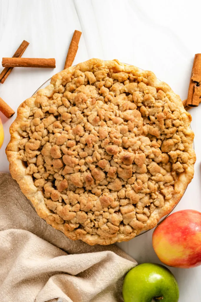 Top down view of dutch apple pie.