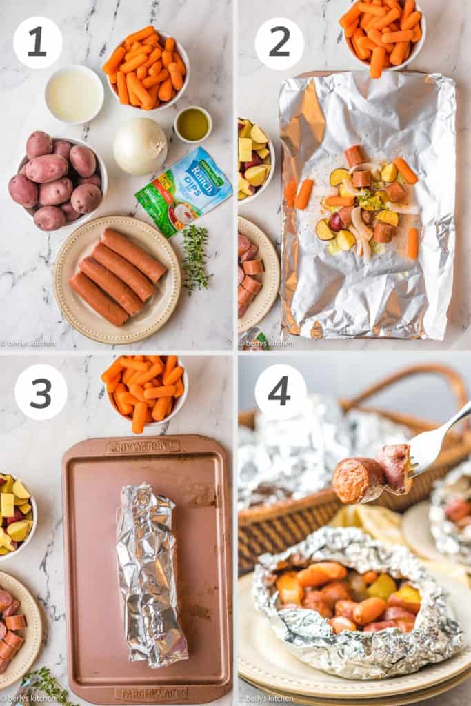 Collage showing how to make sausage and potatoes foil packet meals.