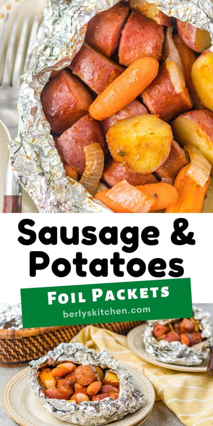 Close up of foil packets filled with sausage and potatoes.