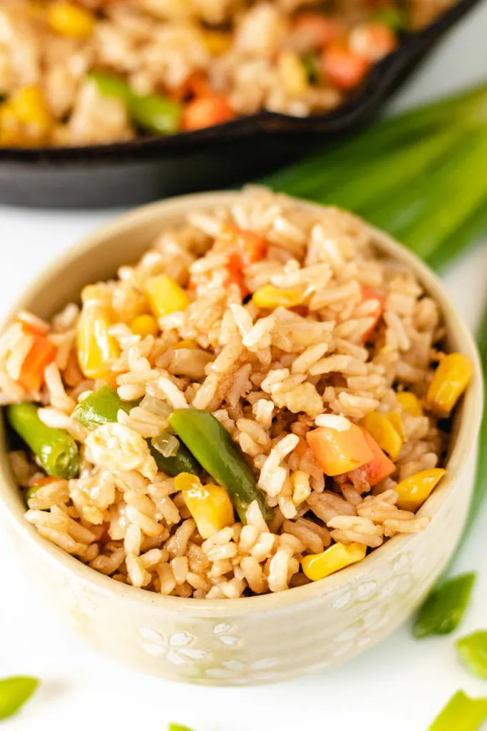 Bowl of vegetable fried rice with green onions.