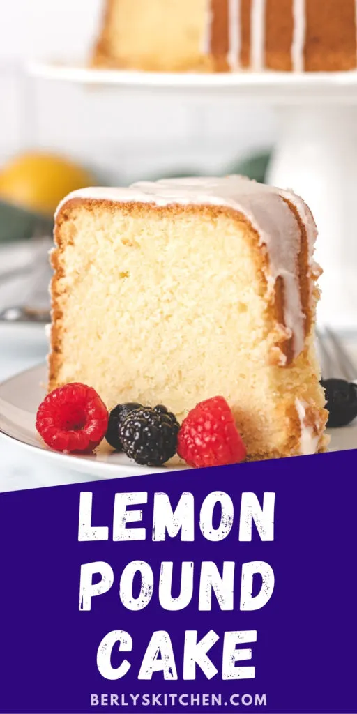 Slice of lemon pound cake on a white dish.