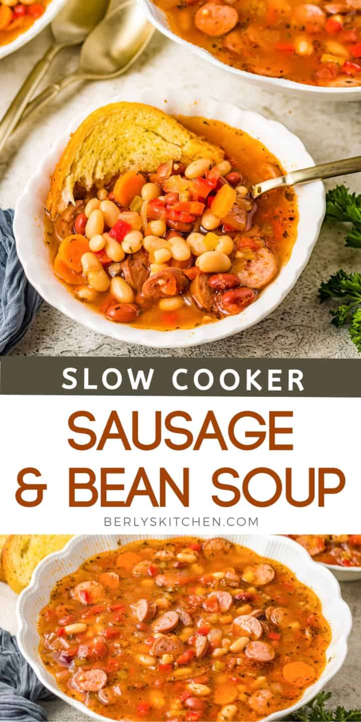 Top down view of serving bowl filled with sausage soup.