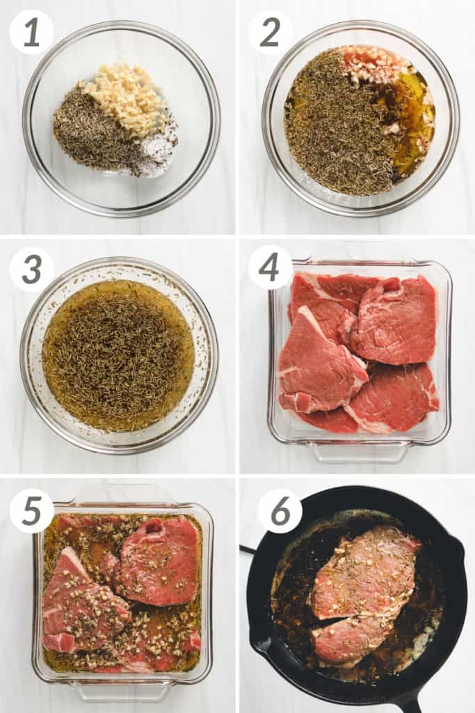Collage showing how to make Sirloin Steak.