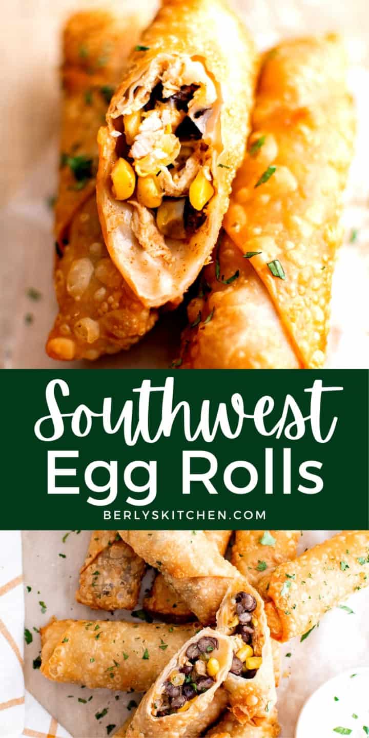Collage of two photos showing sliced southwest egg rolls.