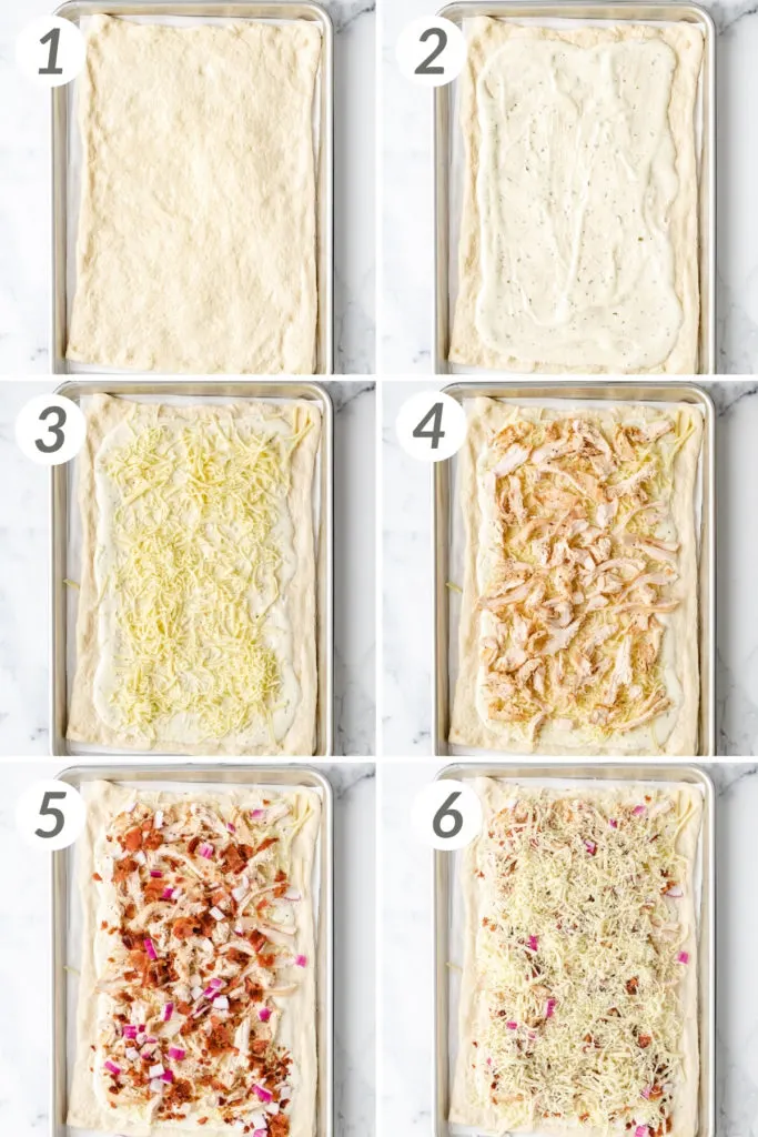 Collage showing how to make chicken bacon ranch pizza.